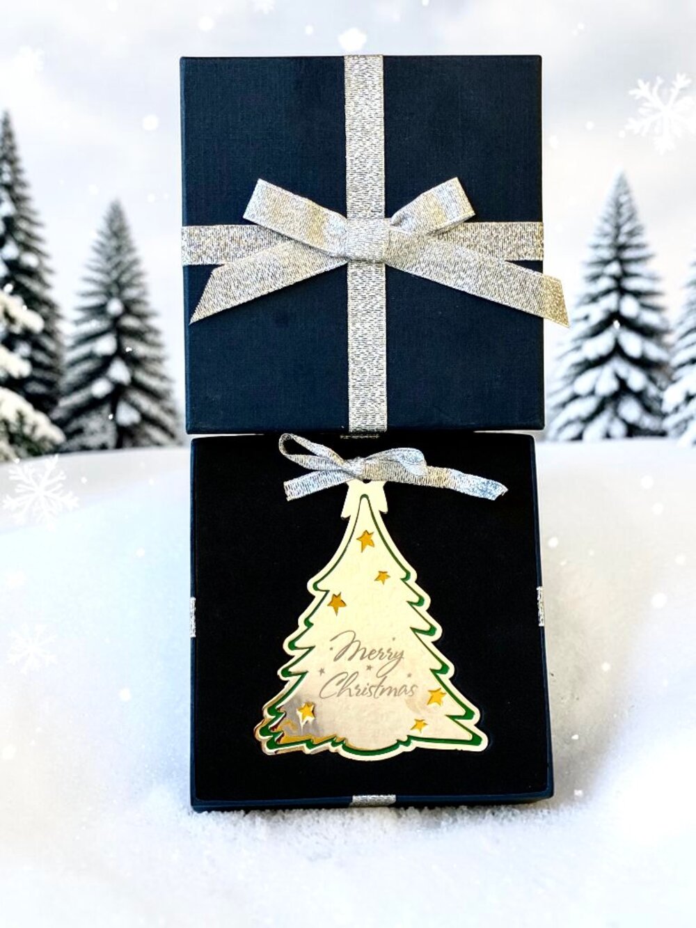 Merry Christmas Tree Shiny Silver-tone Ornament by Baudville Inc NEW in box